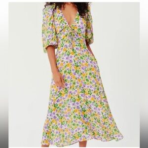 NICHOLAS Floral Tie-Front Midi Dress in Yellow, Green & Purple